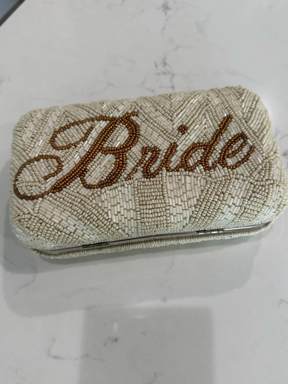 Bride Beaded Ivory Bridal Clutch with Gold Script